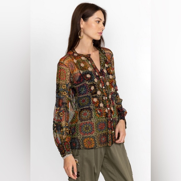 New! Johnny Was Flavie Mesh Embroidered Crochet 3D Flower Blouse 🌻 Medium - Picture 3 of 16